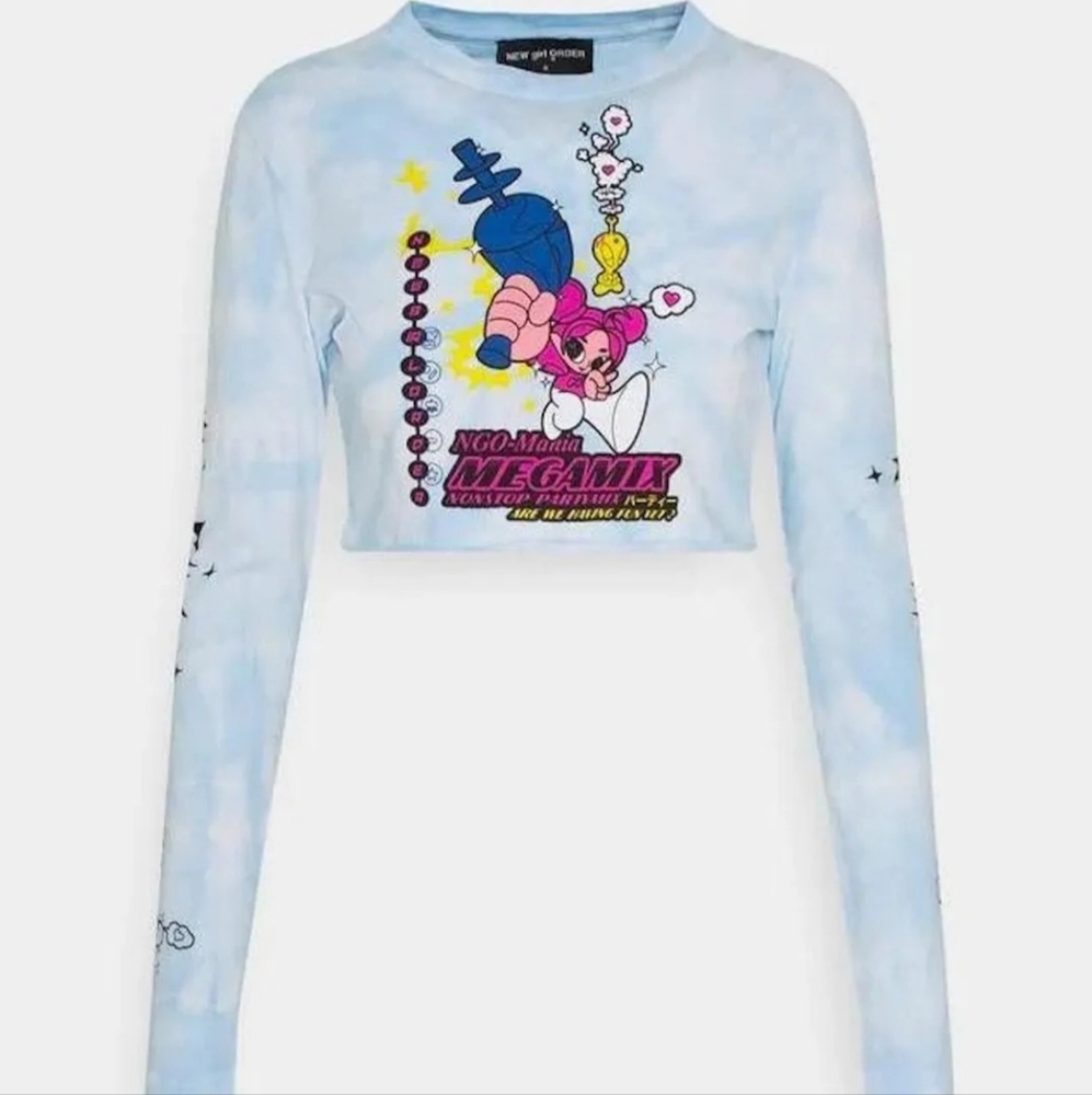 New Girl Order Megamix Blue Tie-Dye Long Sleeve Crop Top Shirt Sz 18 1X Kawaii